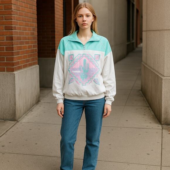 Vintage 90s Cotton Fitz Desert Cactus Windbreaker Southwestern Aztec Pastel XL - Picture 1 of 9
